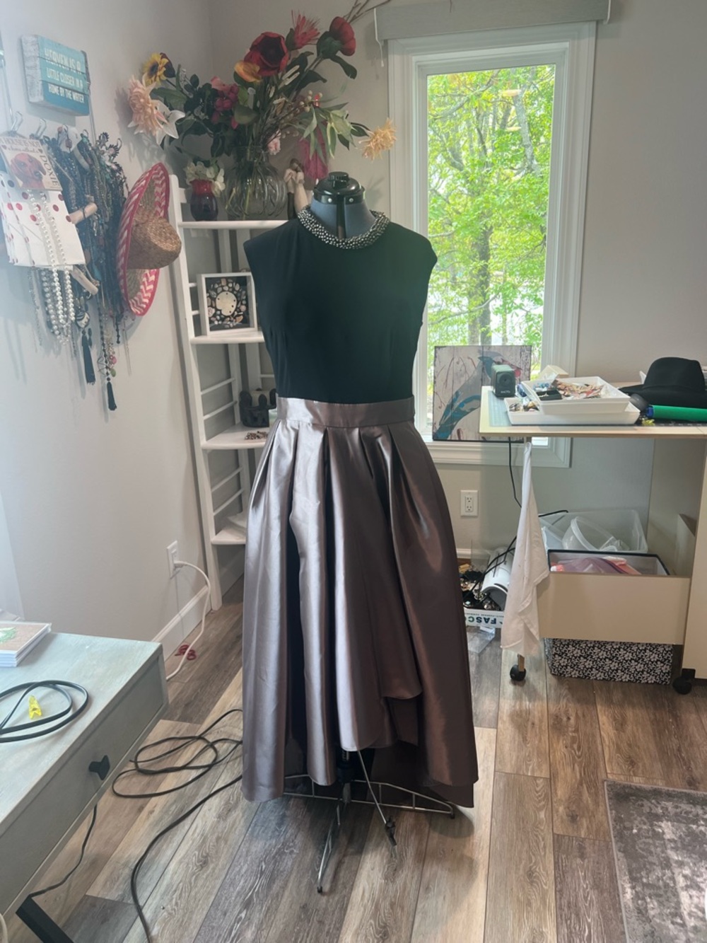 Sleeveless Black Bodice High-Low Dress with Shimmery Brownish Skirt